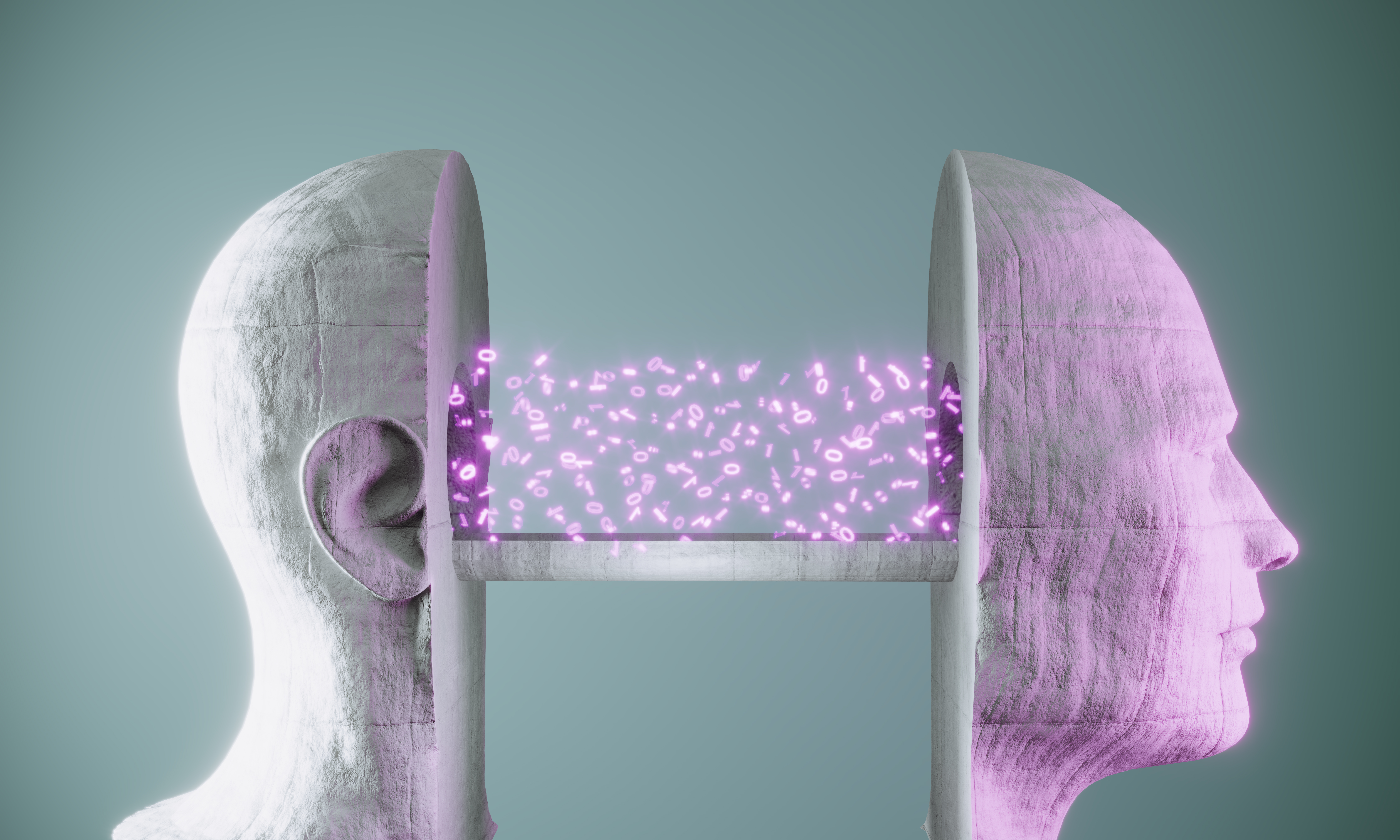 Artificial Intelligence connections in halved cyborg head made of concrete