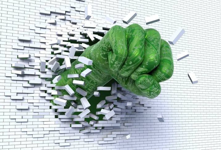 Digital 3D green fist breaking a brick wall Platform Strategy